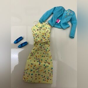 Barbie 4 pc Outfit Yellow Flowered 2pc Skirt Set, Blue Shoes & Blue Sweater